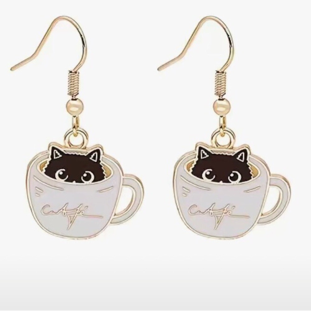 Cat Earrings - 1 Left! Black Cat in a Coffee Cup